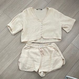 Zara matching set. Loose look Medium top, small bottom to get that loose casual